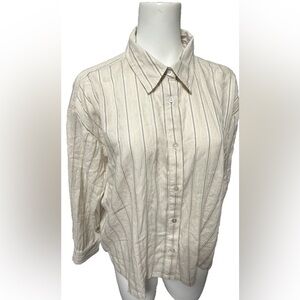 New Ann Taylor Weekend Stripe Beige Perfect Shirt Long Sleeve Size PXL